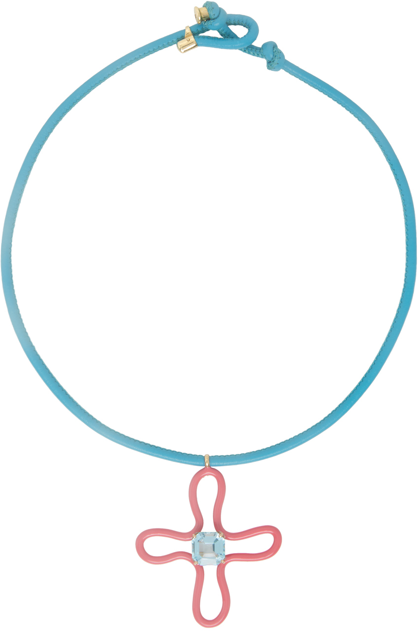 Pink & Blue Pop Choker & Lucky Flower Pendant Necklace
