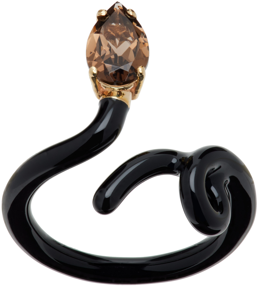 Shop Bea Bongiasca Black Enamel Baby Vine Tendril Ring In Black Enamel Smoky Q