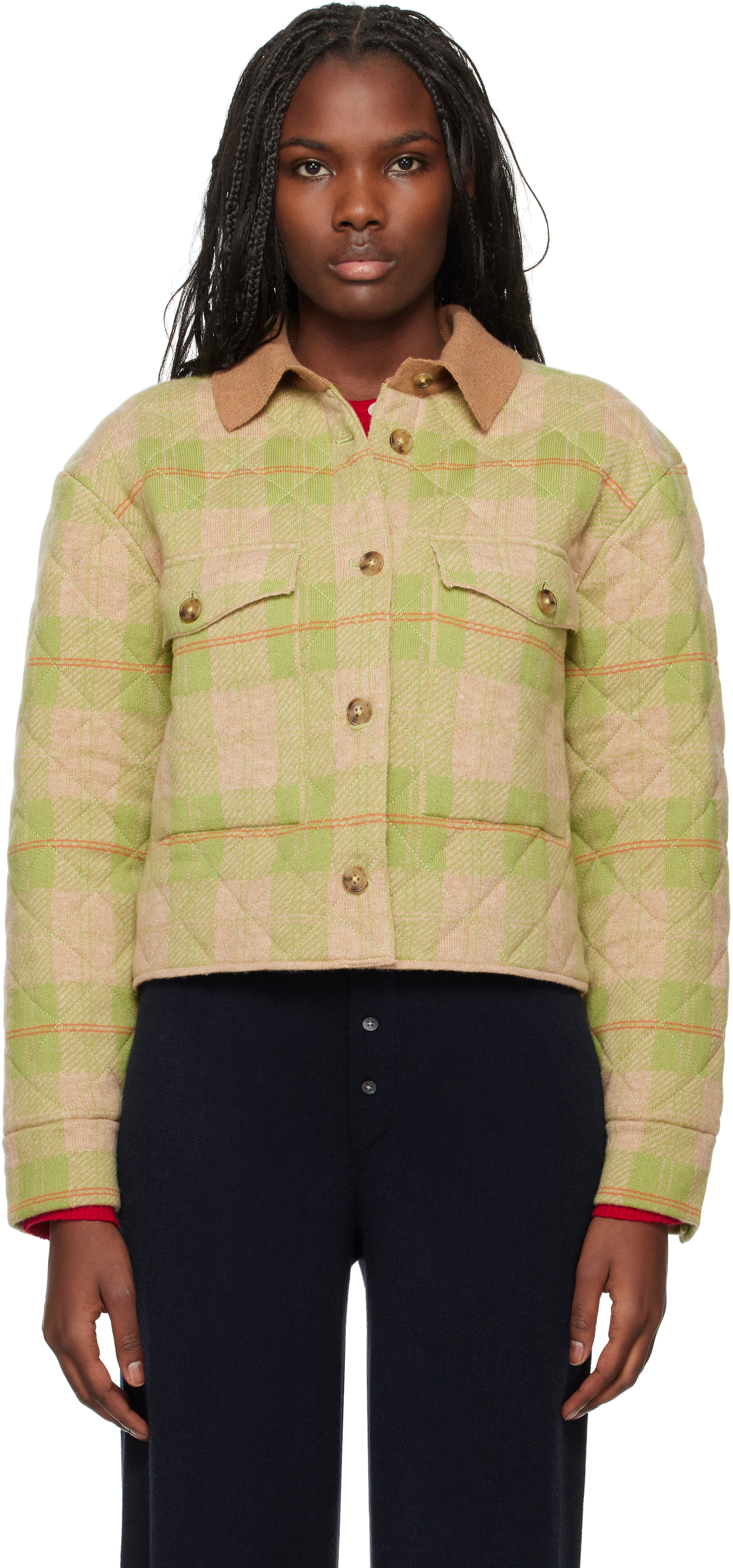 Shop Guest In Residence Green Tartan Cropped Jacket In Matco Matcha Combo