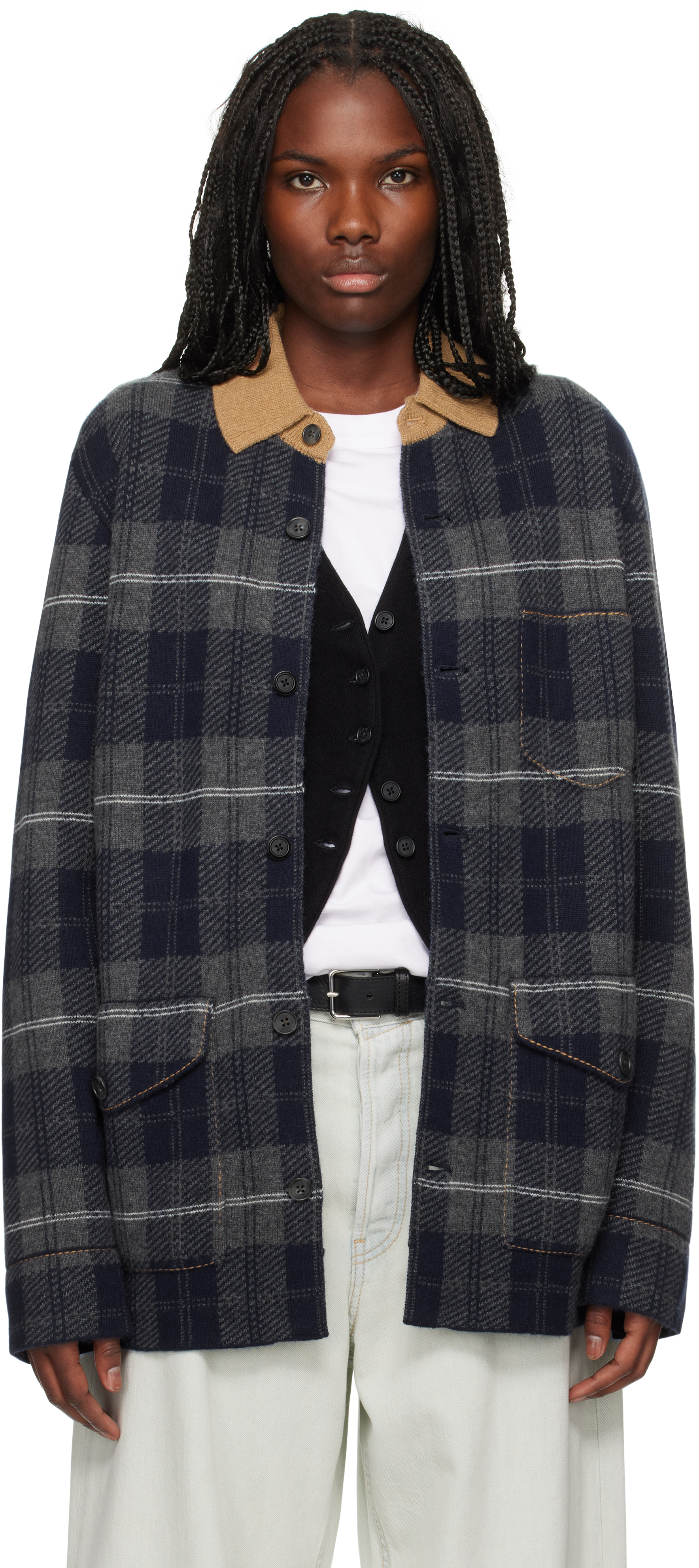 Shop Guest In Residence Navy Tartan Industry Jacket In Midco Midnight Combo