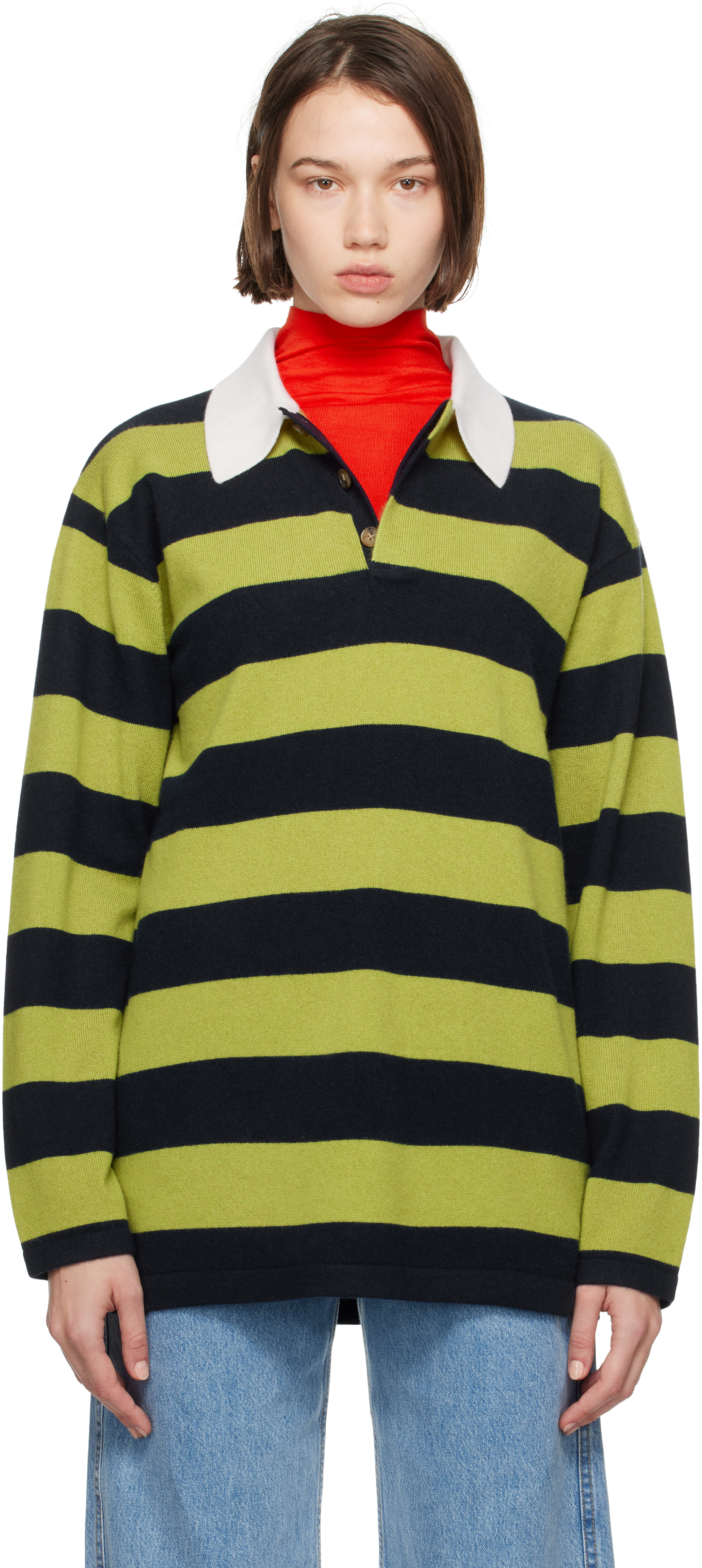 Shop Guest In Residence Green & Navy Striped Rugby Polo In Mamist Matcha/midnig