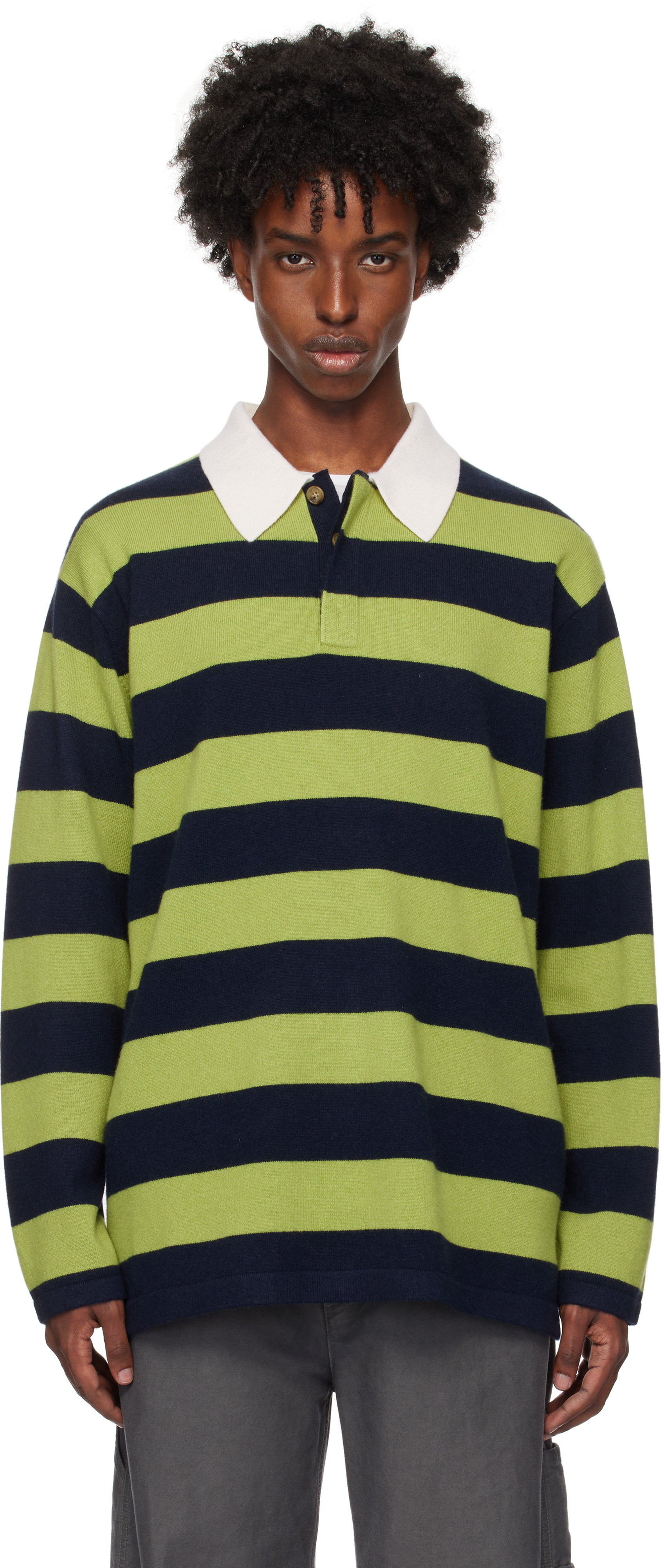 Shop Guest In Residence Green & Navy Striped Rugby Polo In Matcha/midnight Strp