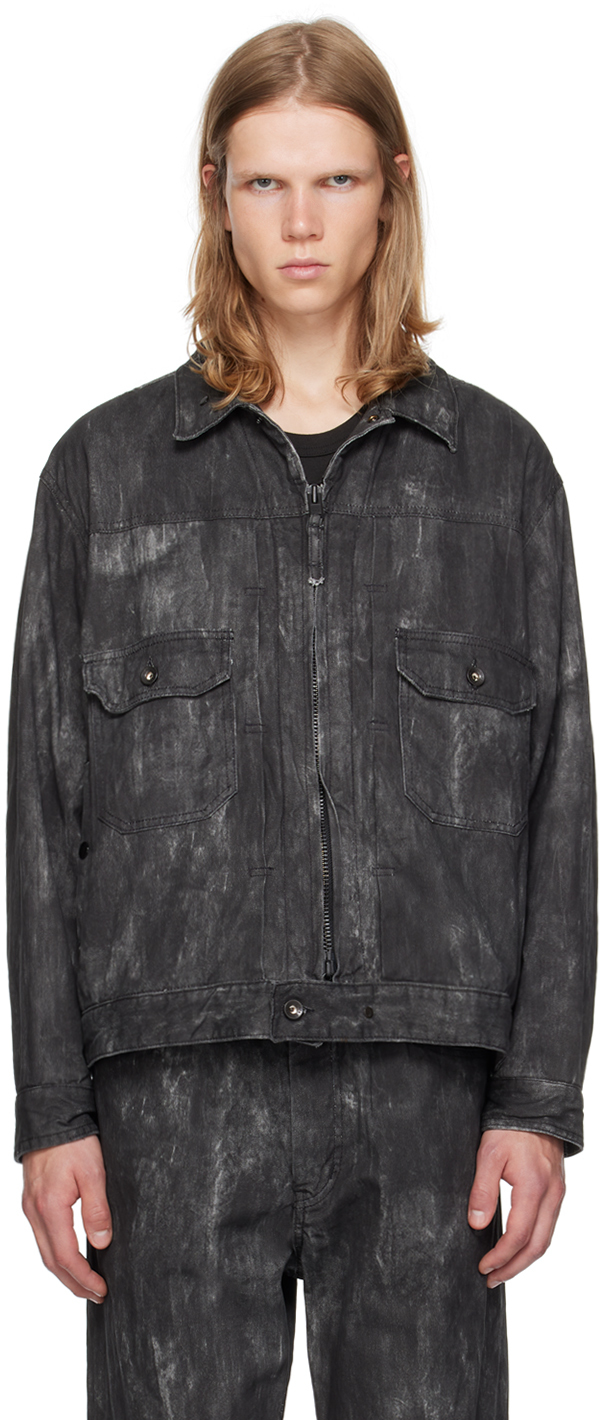 Shop Engineered Garments Black Distressed Print Denim Jacket In Dz095 Black Cotton D