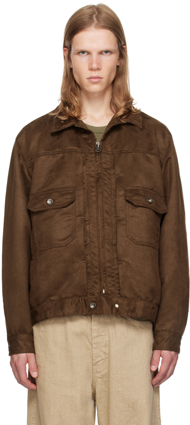 Brown Button Tab Faux-Suede Jacket