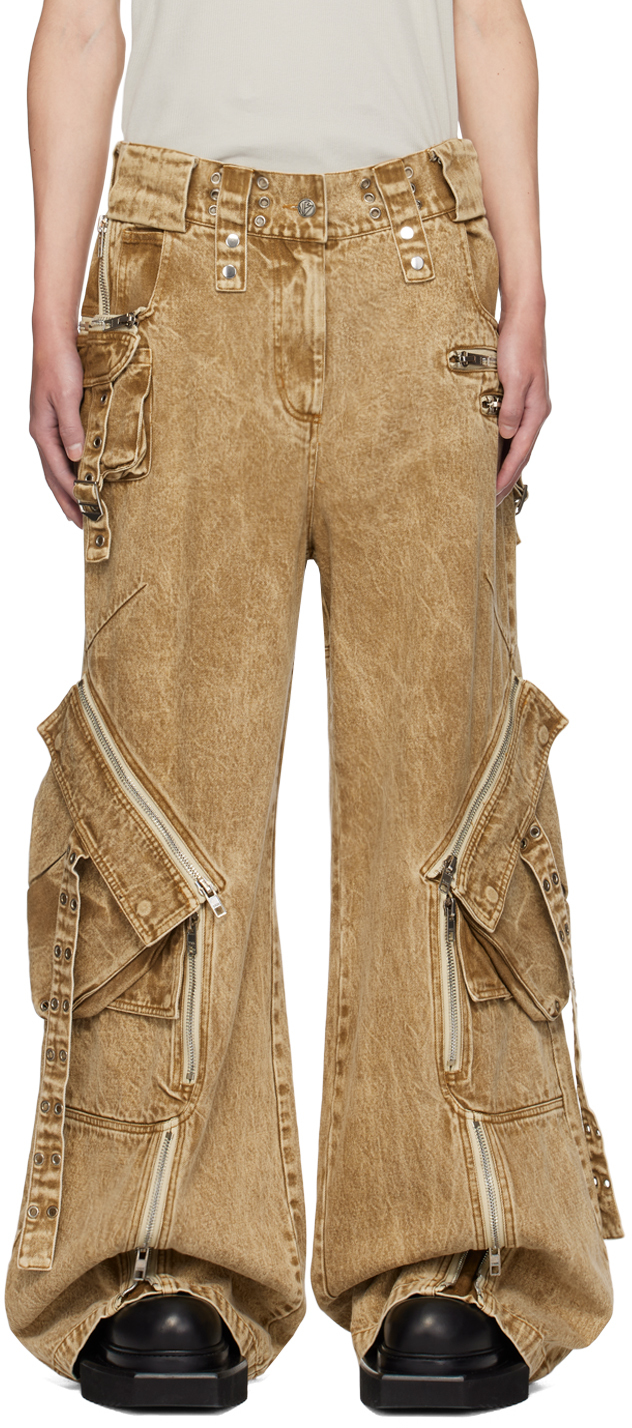 Beige Used Denim Cargo Pants