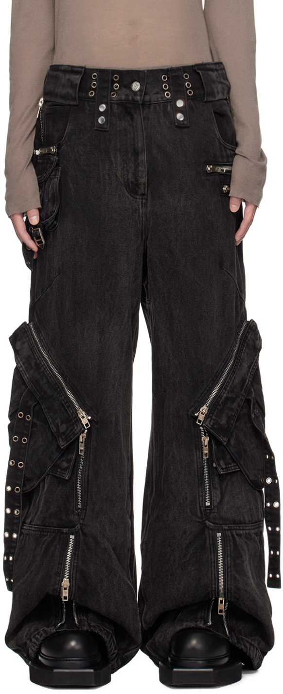 Shop No/faith Studios Black Heavy Denim Cargo Pants