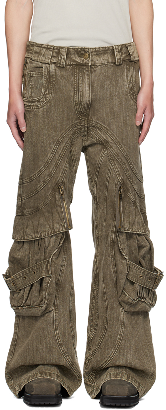 Shop No/faith Studios Khaki Wave Denim Cargo Pants In Grey-khaki