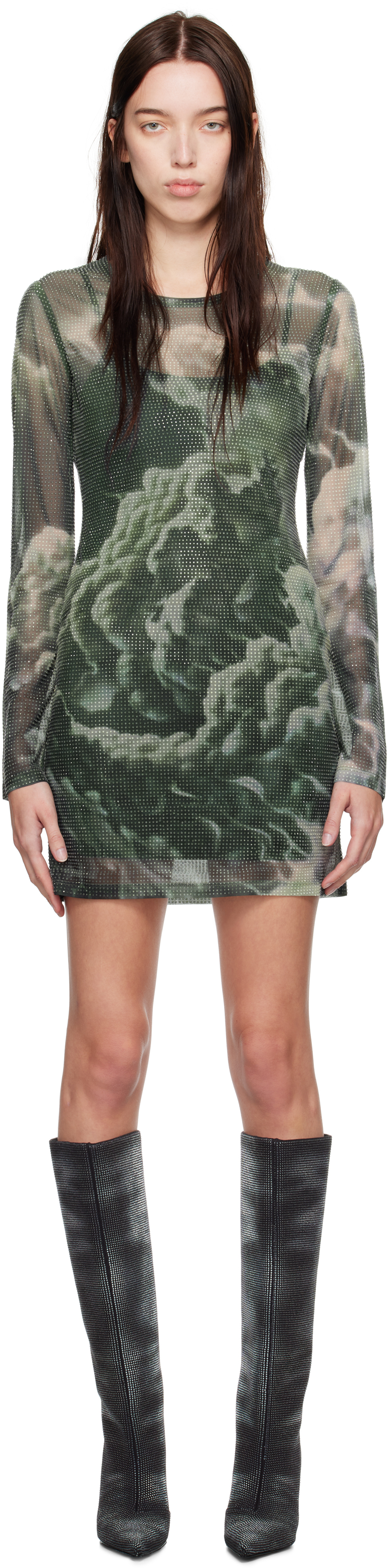 Green Crystal Hotfix Cloud-Print Sheer Minidress