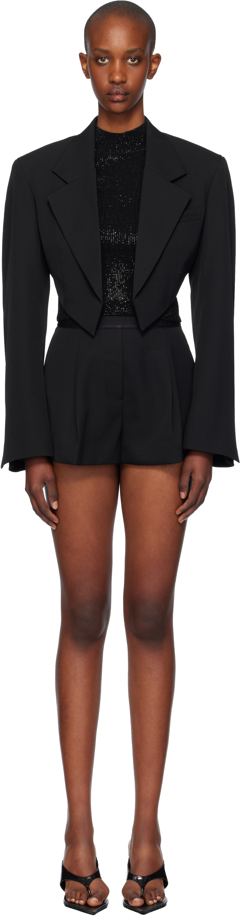 Black Cropped Tuxedo-Style Blazer