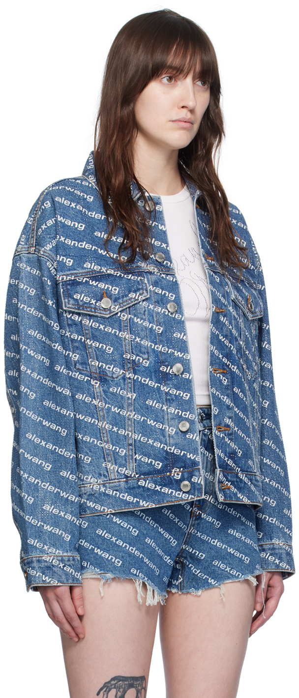 Alexander Wang Blue Game Logo Denim Jacket In Deep Blue/wht 460