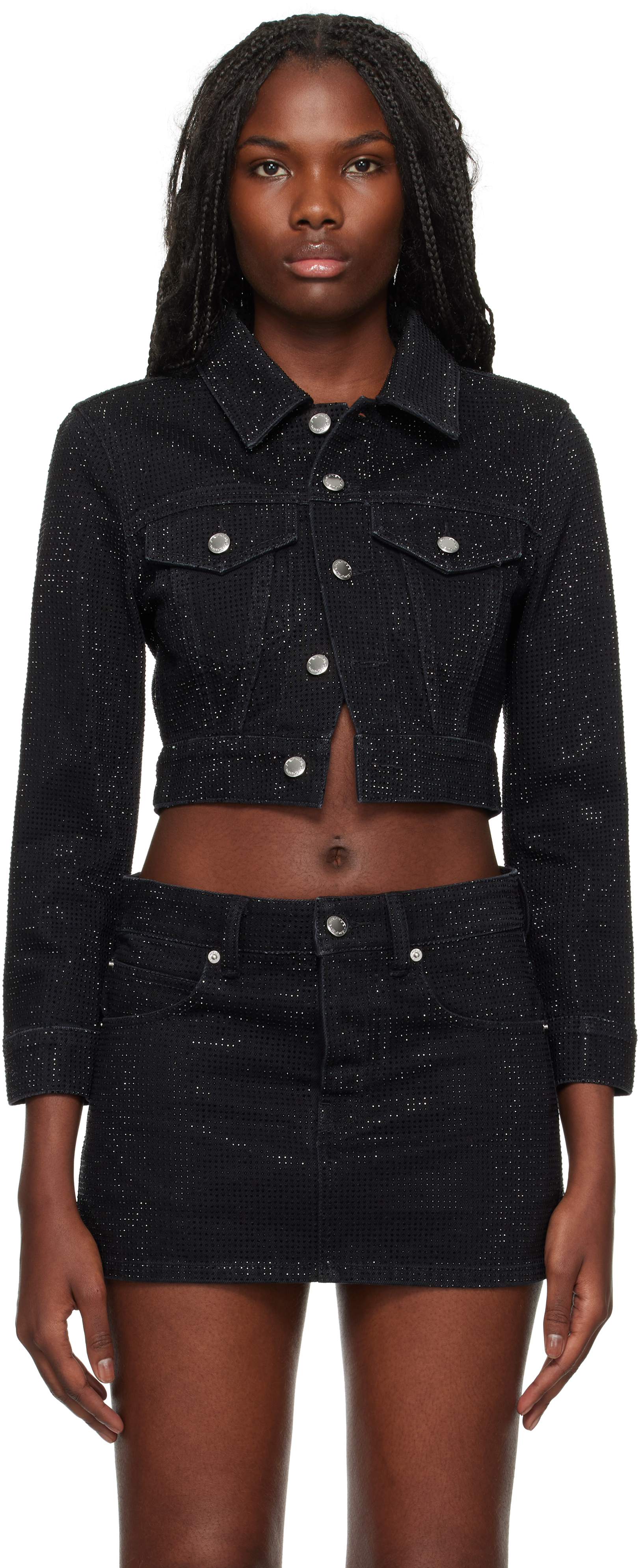 Black Shrunken Crystal Hotfix Denim Jacket