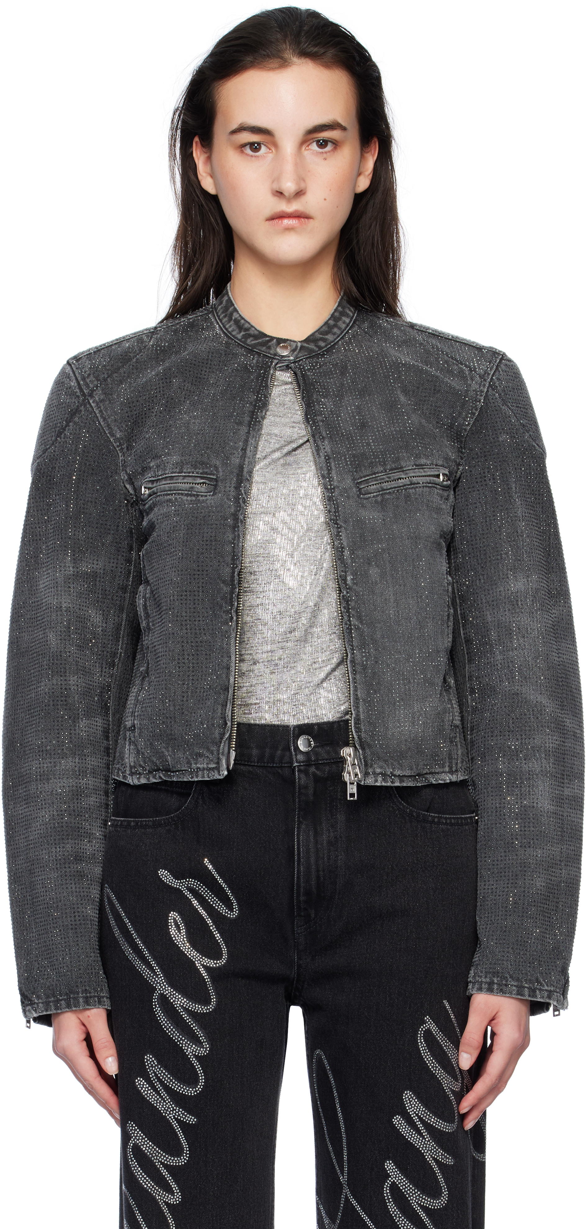 Gray Crystal Hotfix Moto Denim Jacket