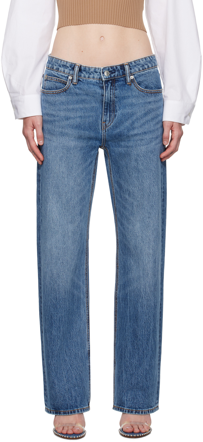 Shop Alexander Wang Blue Mid-rise Pre-styled Logo Brief Jeans In Vntge Mdm Indgo 473