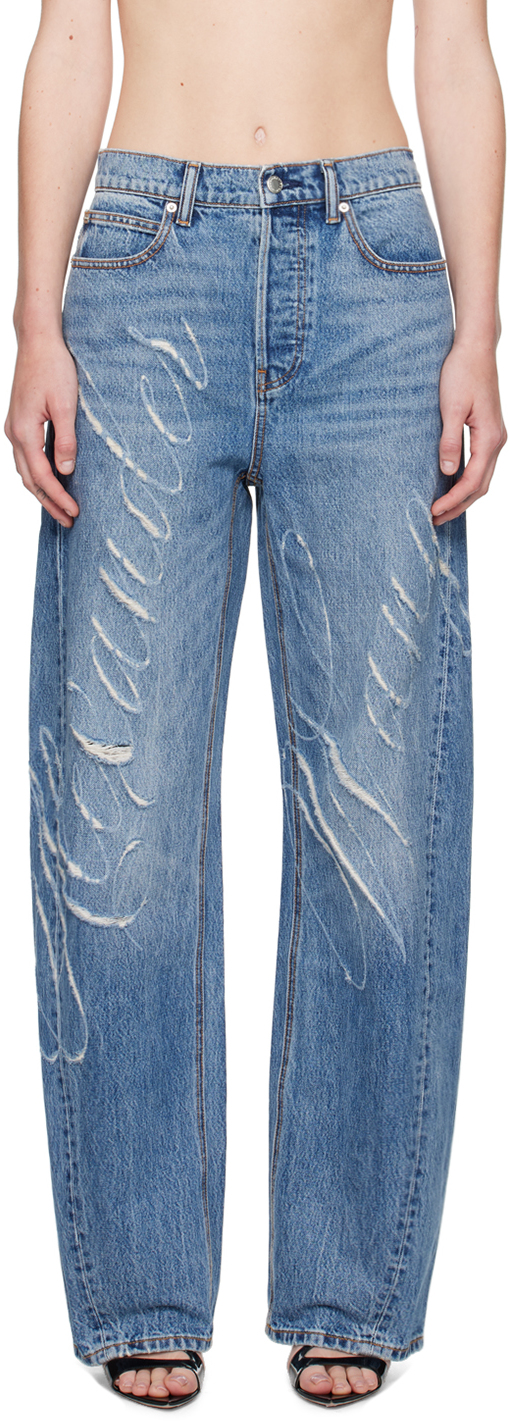 Shop Alexander Wang Blue Laser-distressed Logo Jeans In Vntge Mdm Indgo 473