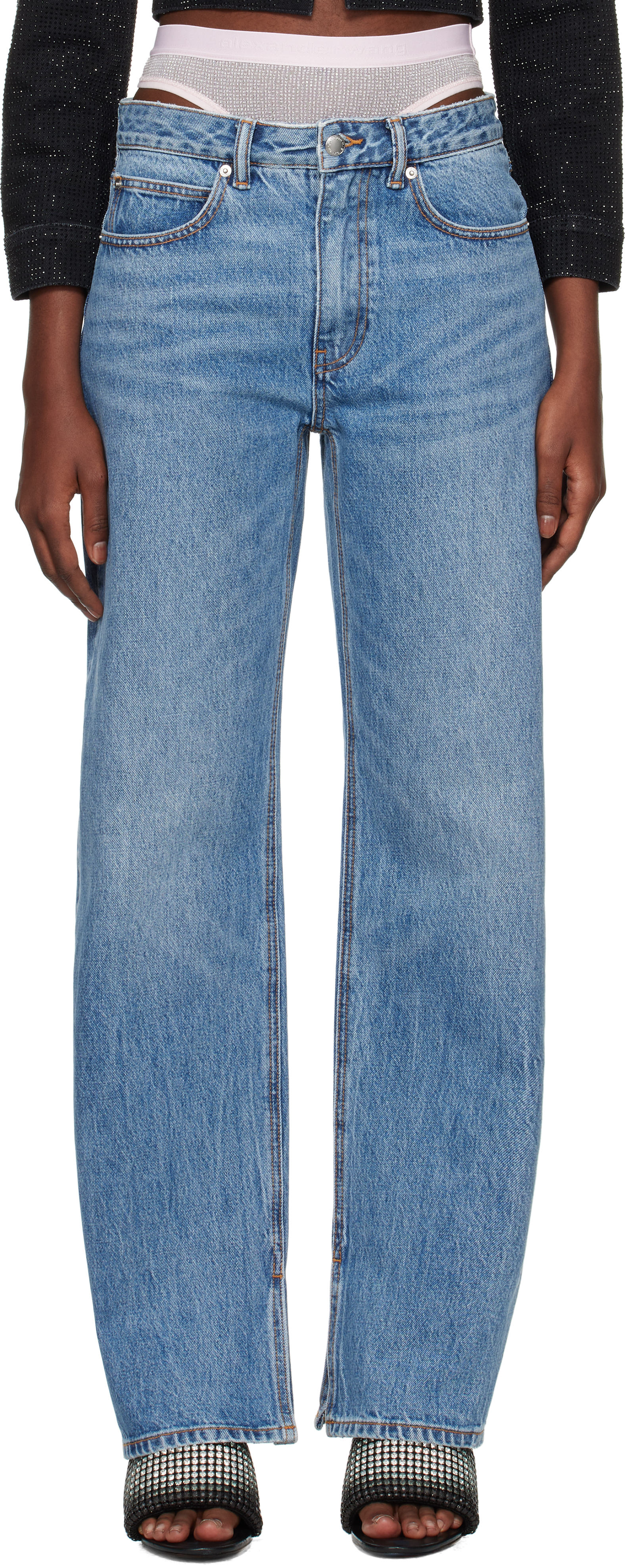 Indigo Pre-Styled Straight-Leg Slit-Hem Jeans