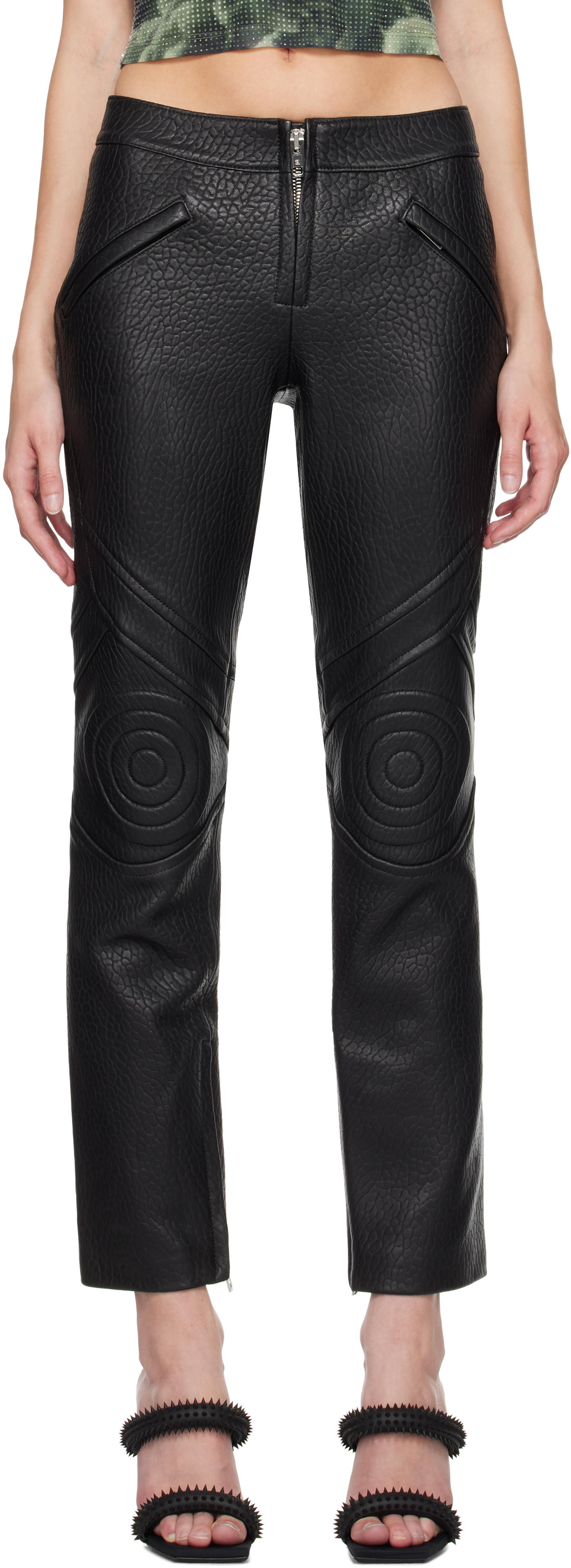 Black Moto Slim-Leg Lambskin Leather Pants