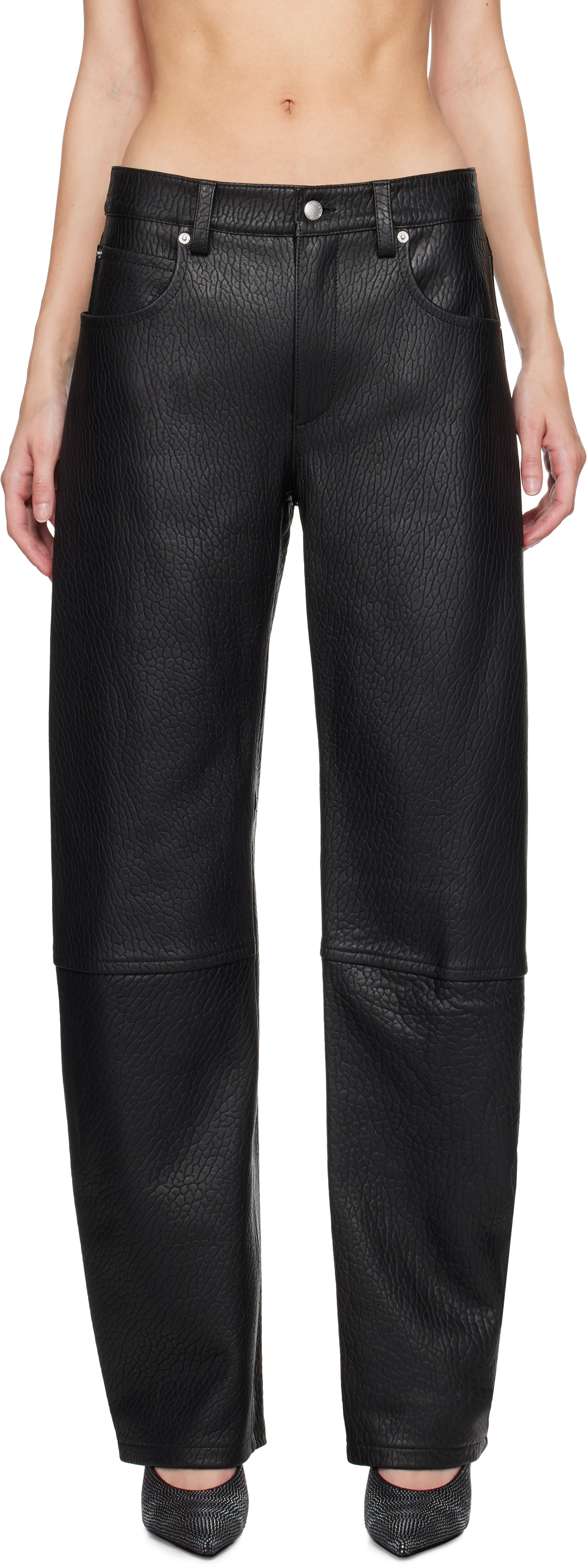 Black Low-Rise Five-Pocket Lambskin Leather Pants