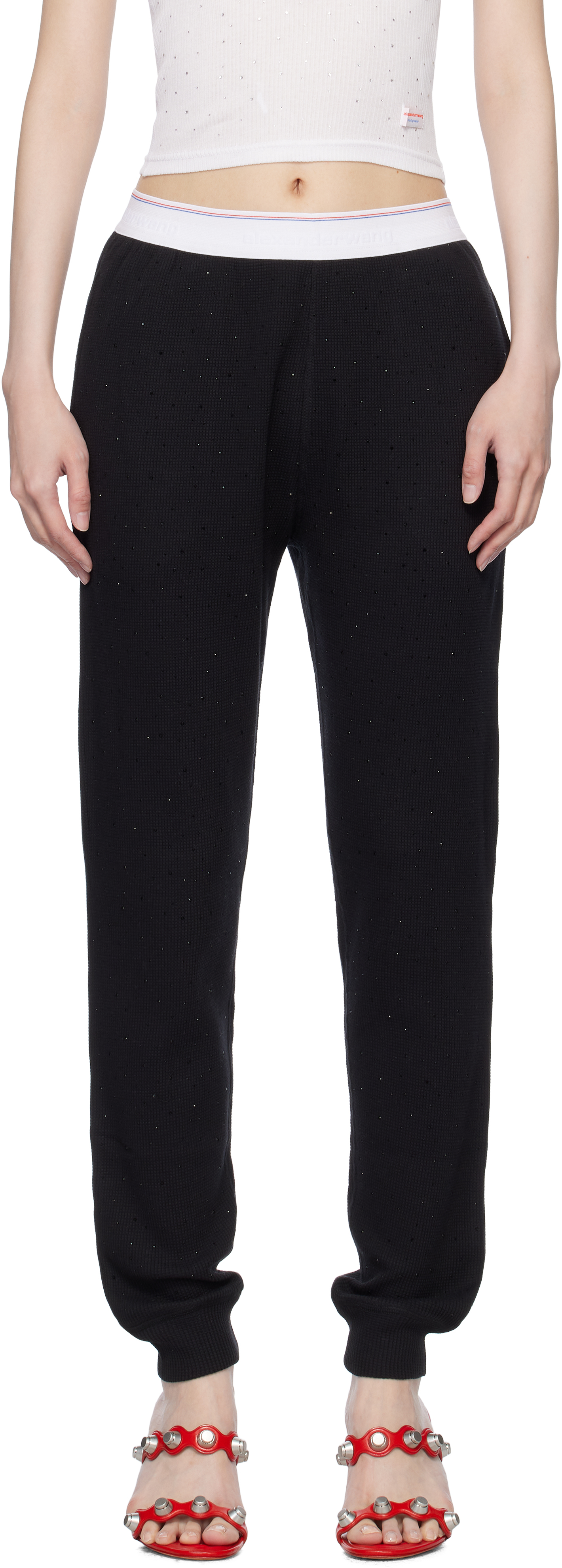 Alexander Wang Black Crystal Hotfix Jogger Waffle Lounge Pants