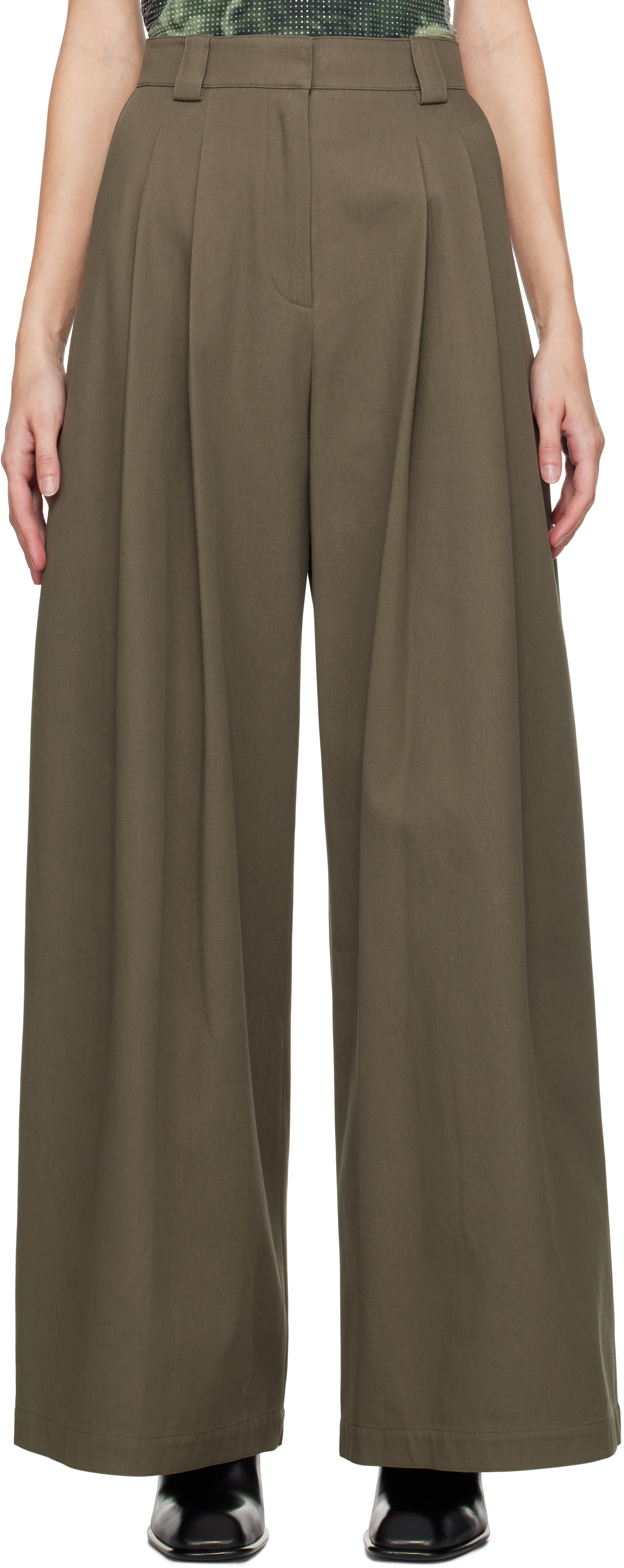 Khaki High-Waist Wide-Leg Trousers