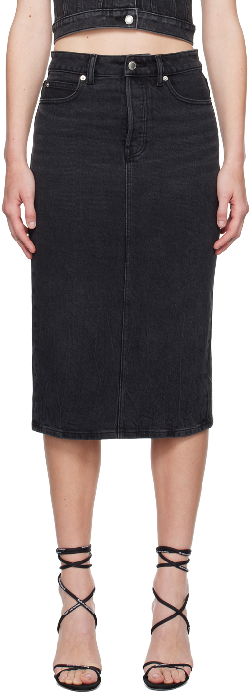 Black Pencil Denim Midi Skirt