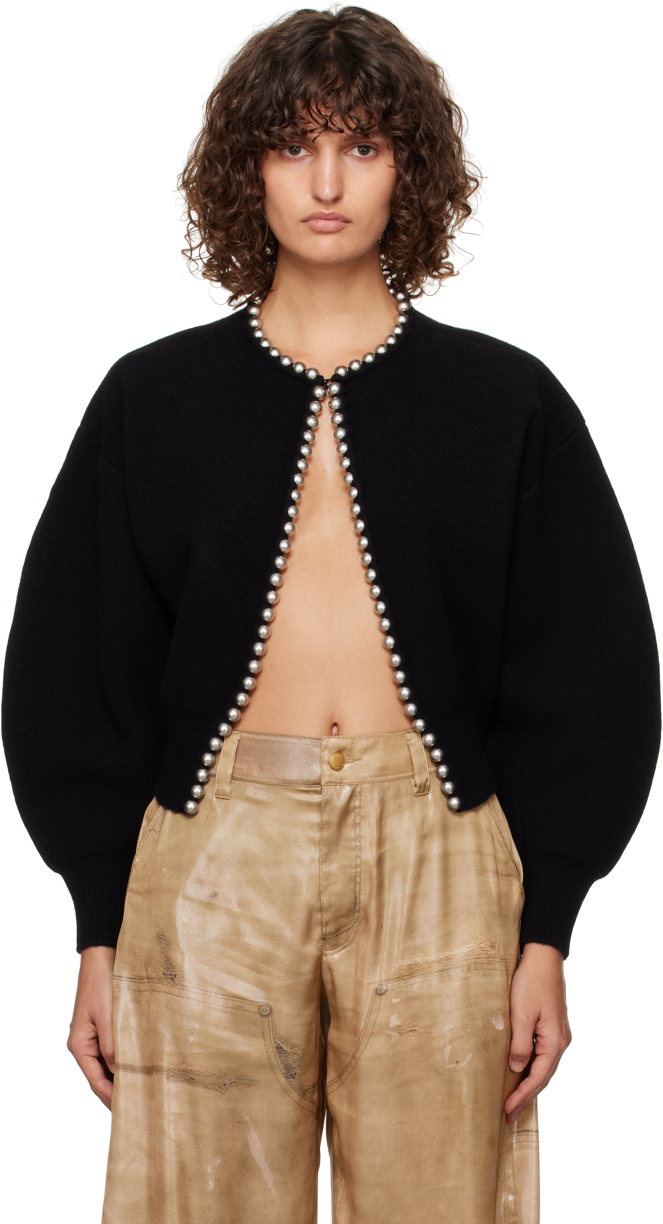 Shop Alexander Wang Black Crewneck Ball Chain Trim Cardigan