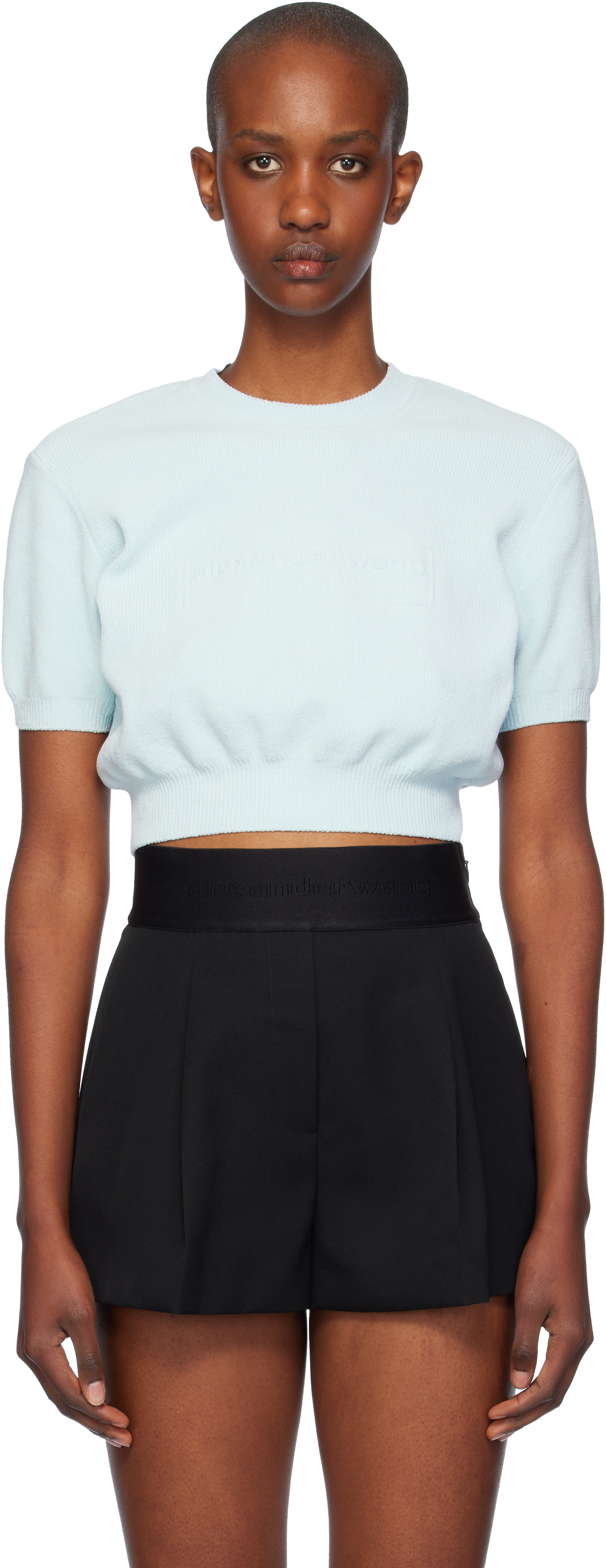 Alexander Wang: Blue Logo Embossed Short Sleeve Ribbed T-shirt 