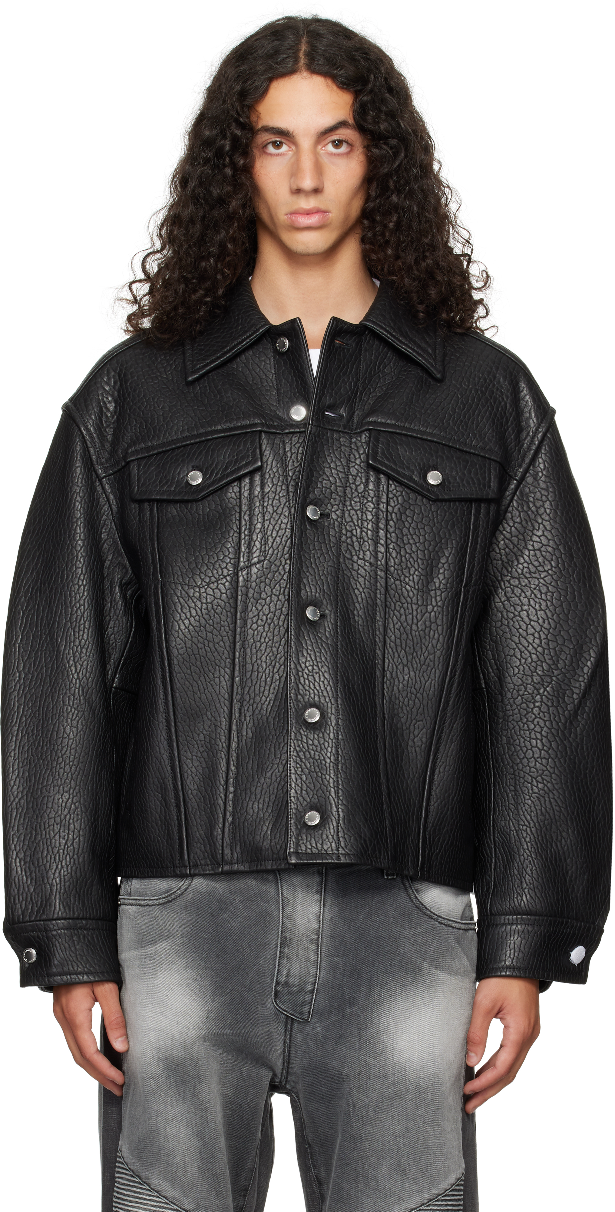 Shop Alexander Wang Black Trucker Leather Jacket In 001 Black