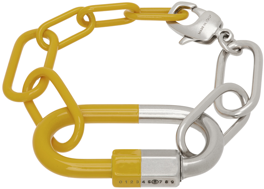 Shop Mm6 Maison Margiela Silver & Yellow Carabiner Bracelet In 967 Palladio Buratta