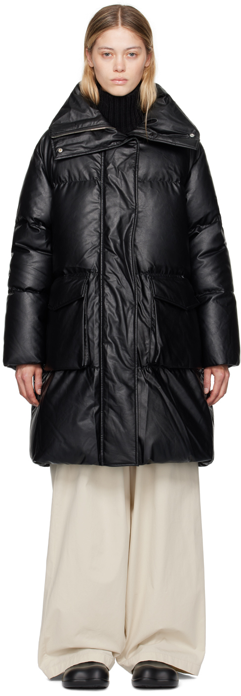 Black Quilted Faux-Leather Down Coat