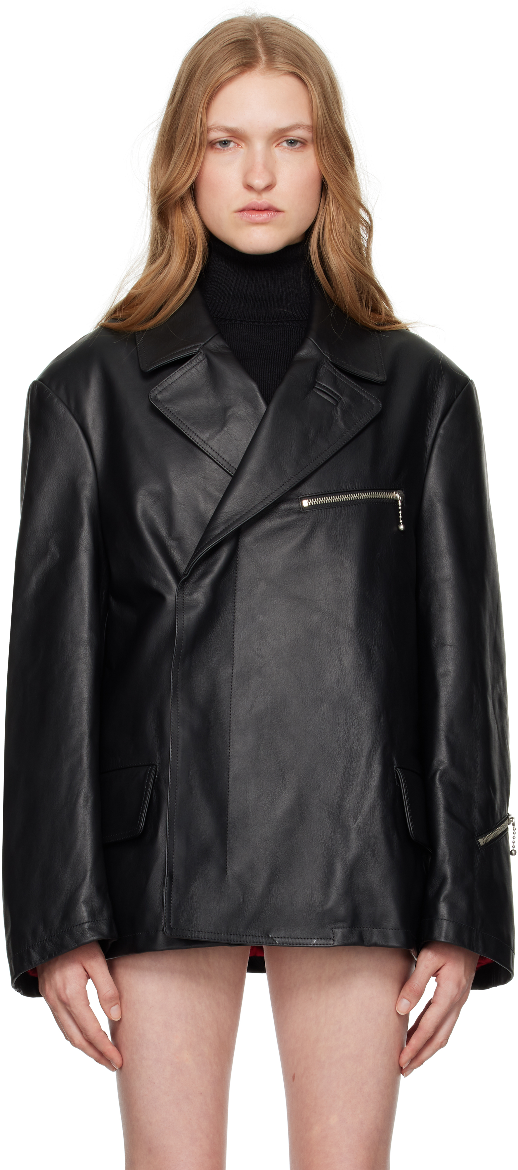 Shop Mm6 Maison Margiela Black Double-breasted Leather Jacket In 900 Black