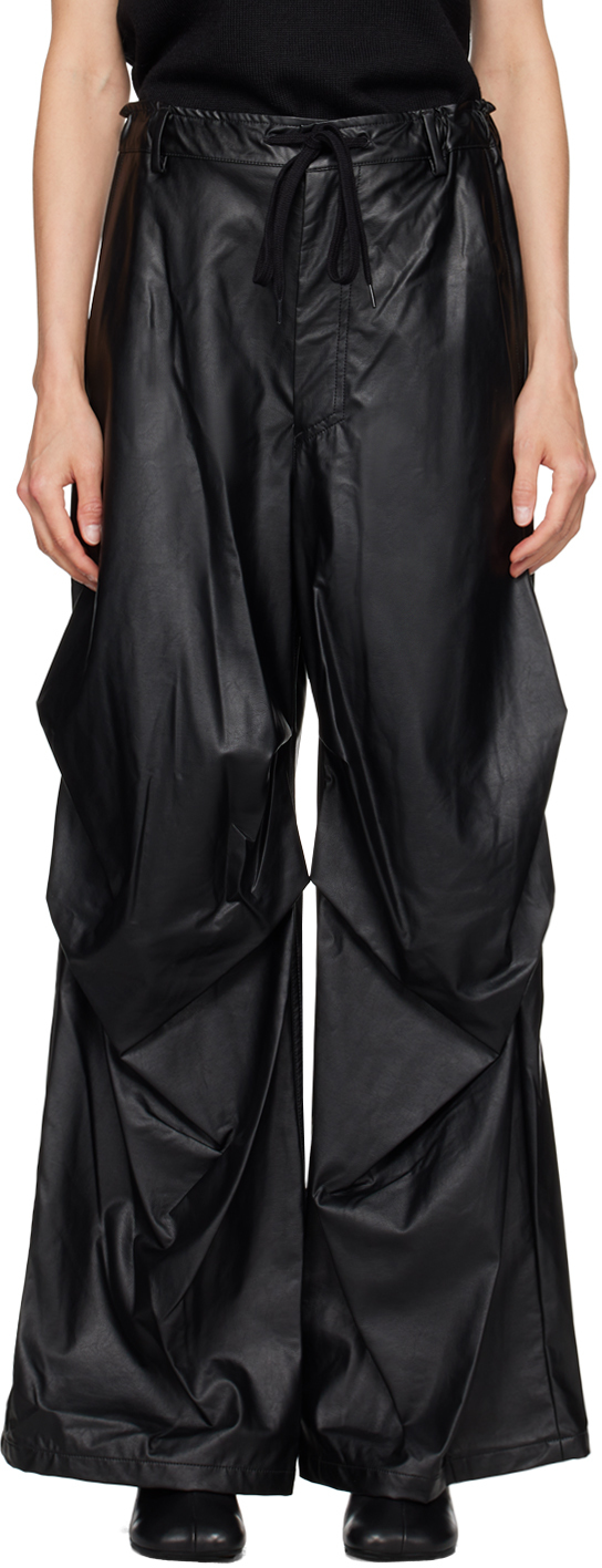 Black Draped Faux-Leather Pants