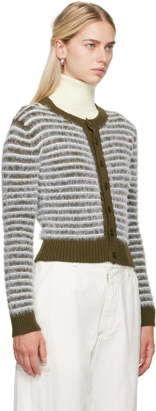 Shop Mm6 Maison Margiela White & Khaki Striped Cardigan In 962 Kaki-off White