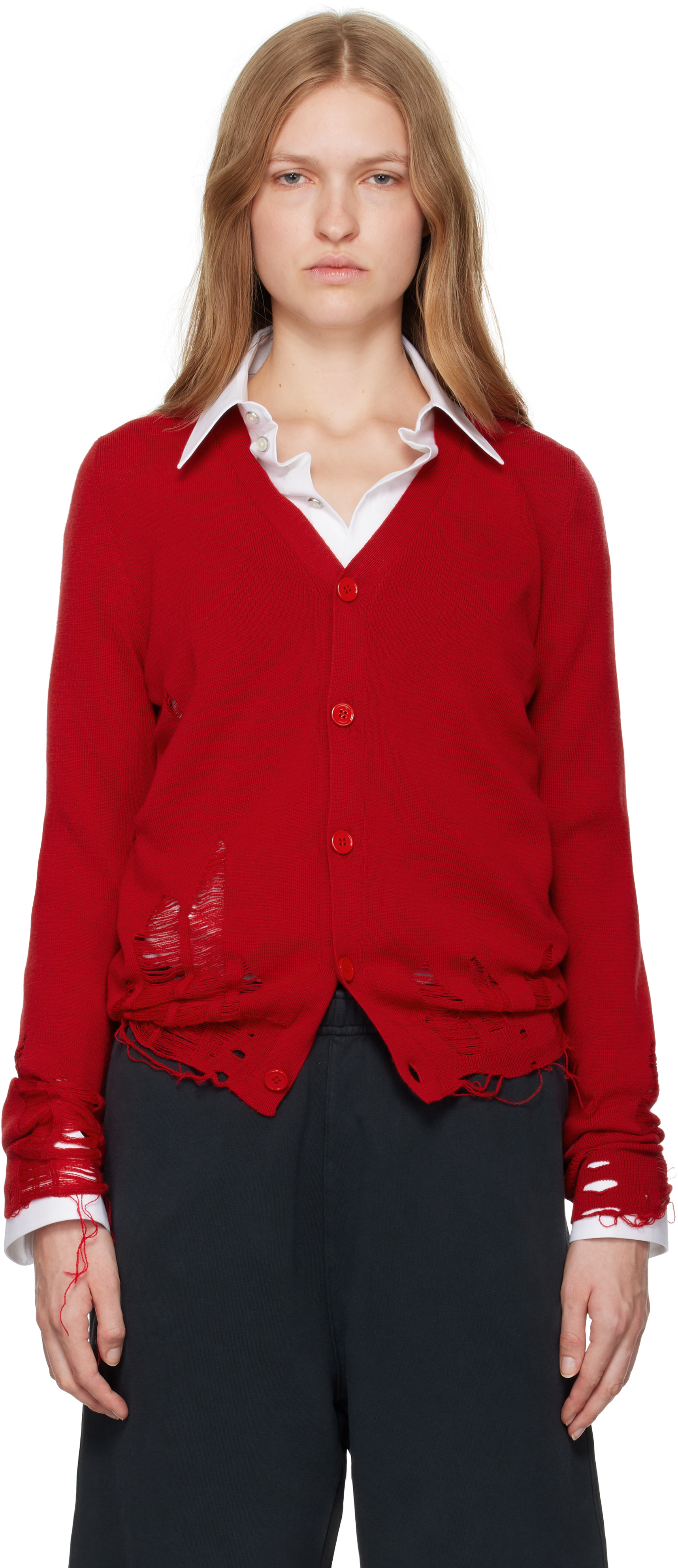 Shop Mm6 Maison Margiela Red Compact Distressed Cardigan In 307 Red