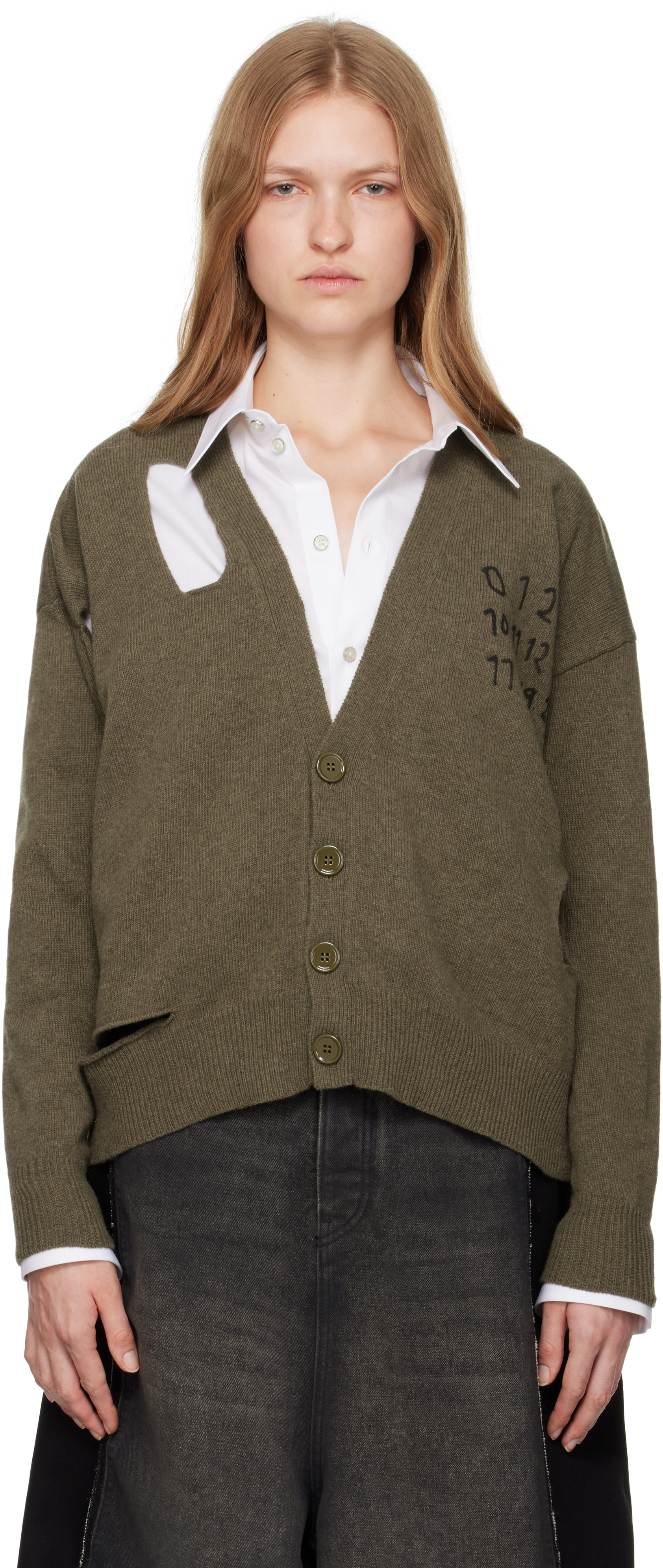 Shop Mm6 Maison Margiela Khaki Cut Outs Cardigan In 728s Khaki