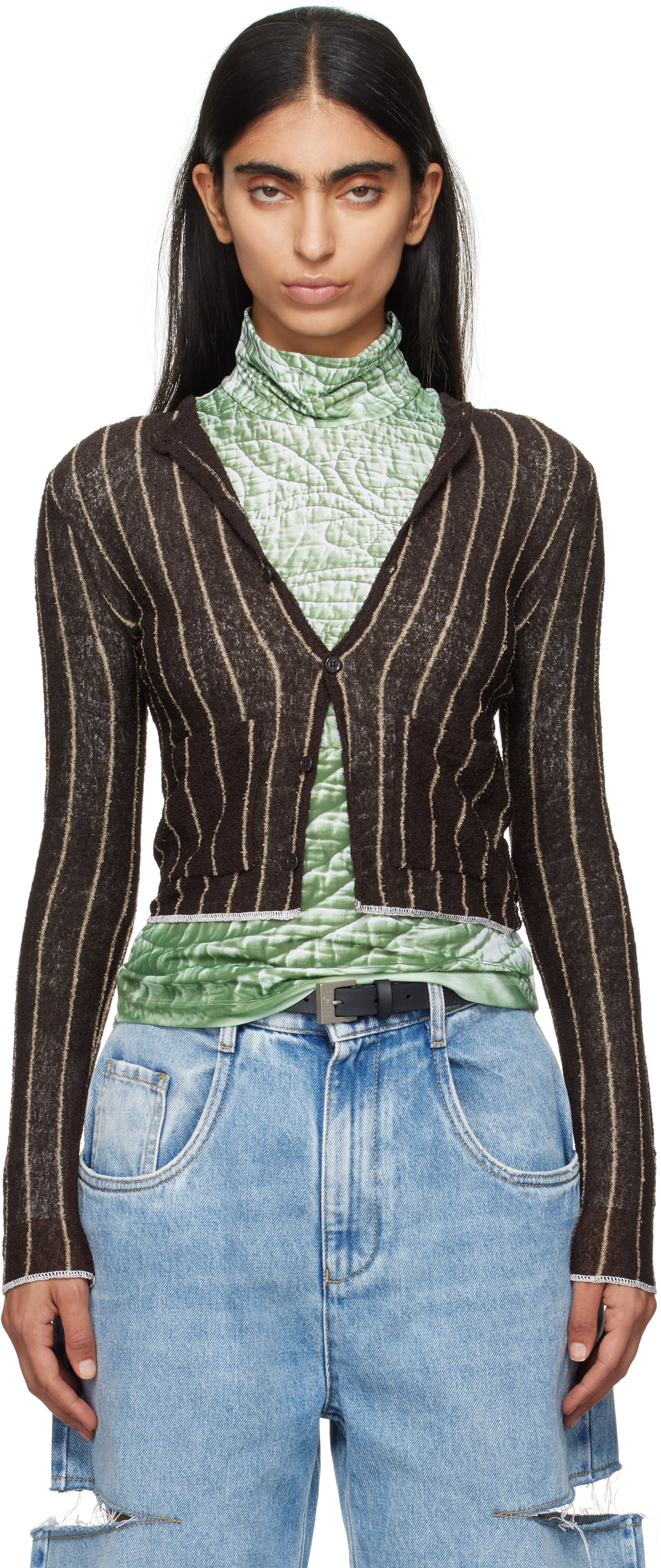 Mm6 Maison Margiela Brown Pinstripe Cardigan In 961 Dark Brown/beige