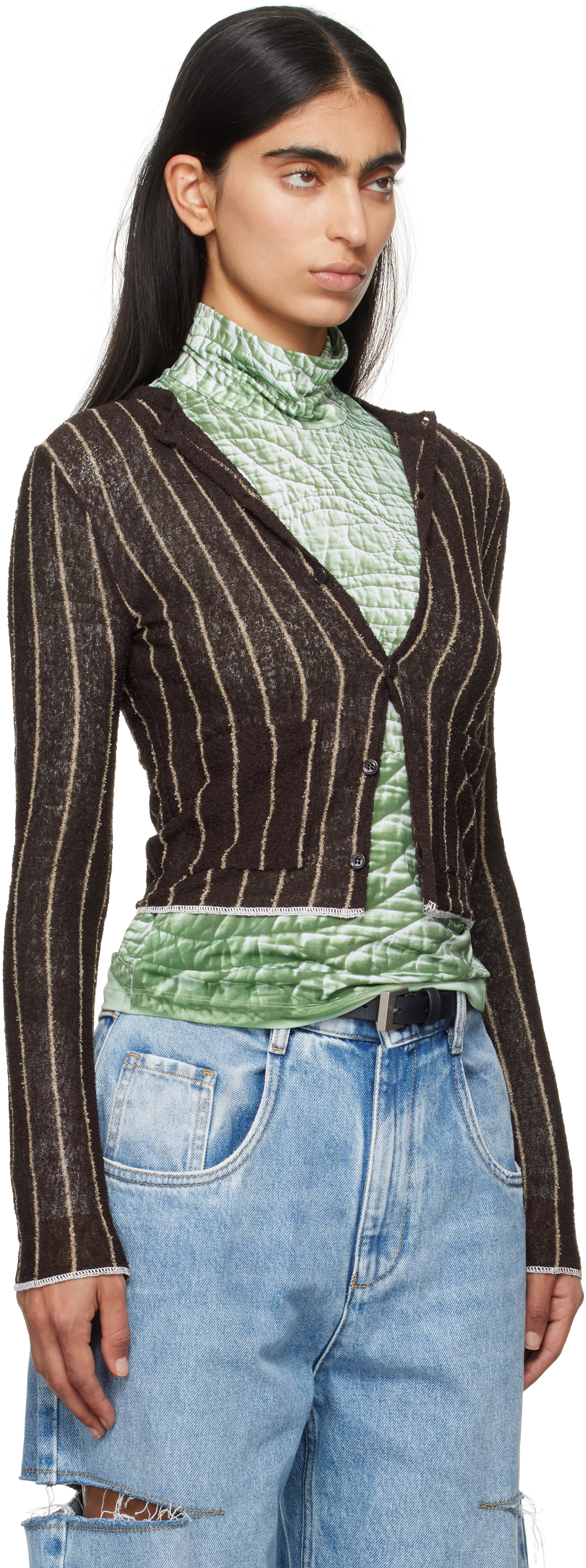 Shop Mm6 Maison Margiela Brown Pinstripe Cardigan In 961 Dark Brown/beige