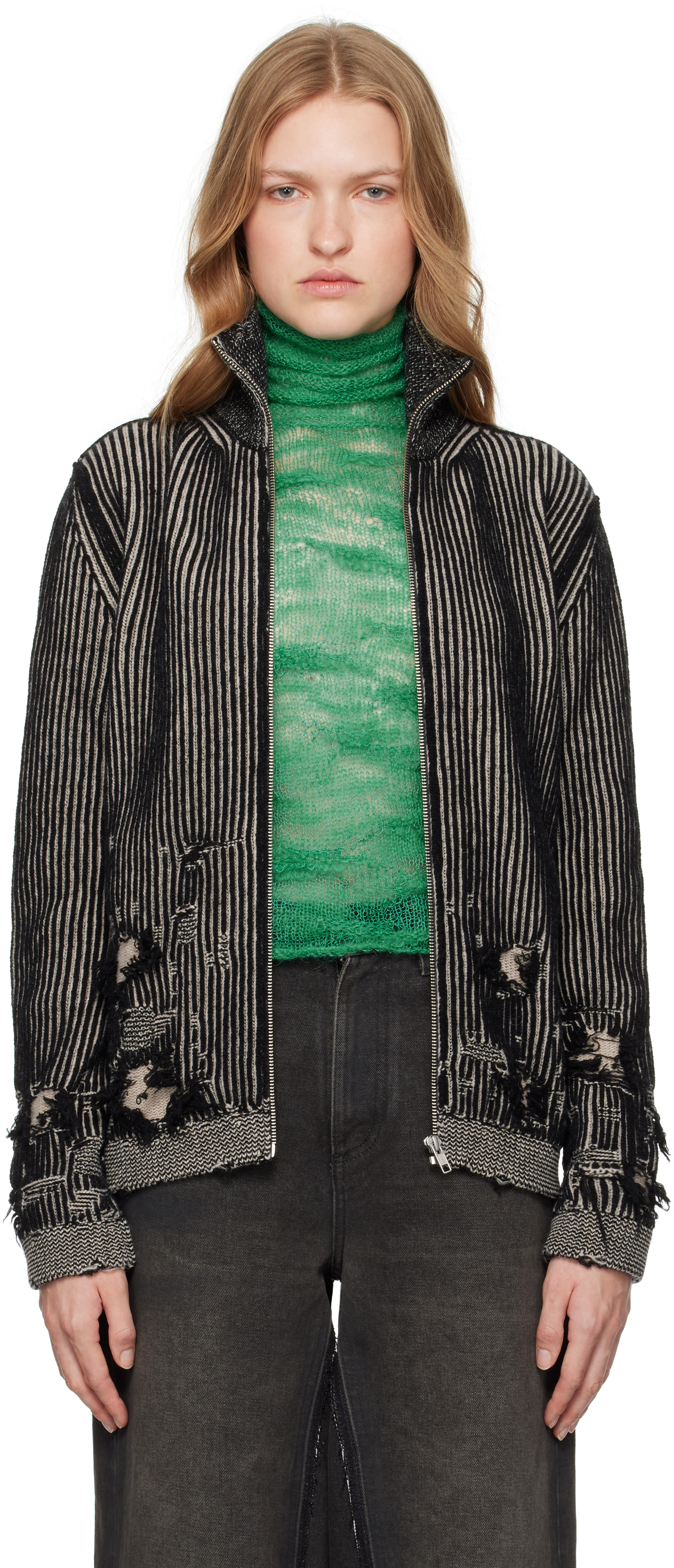 Mm6 Maison Margiela Black & Beige Ribbed Wool Cardigan In 961 Black/beige