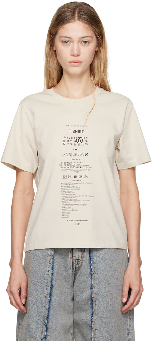 Shop Mm6 Maison Margiela Beige Printed Text & Logo T-shirt In 103 Chalk