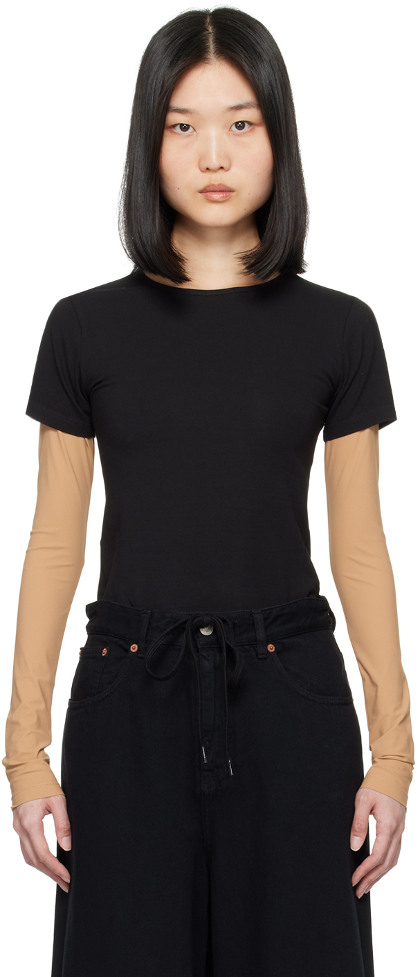 Shop Mm6 Maison Margiela Black & Beige Layered Long Sleeve T-shirt In 961 Black/miami
