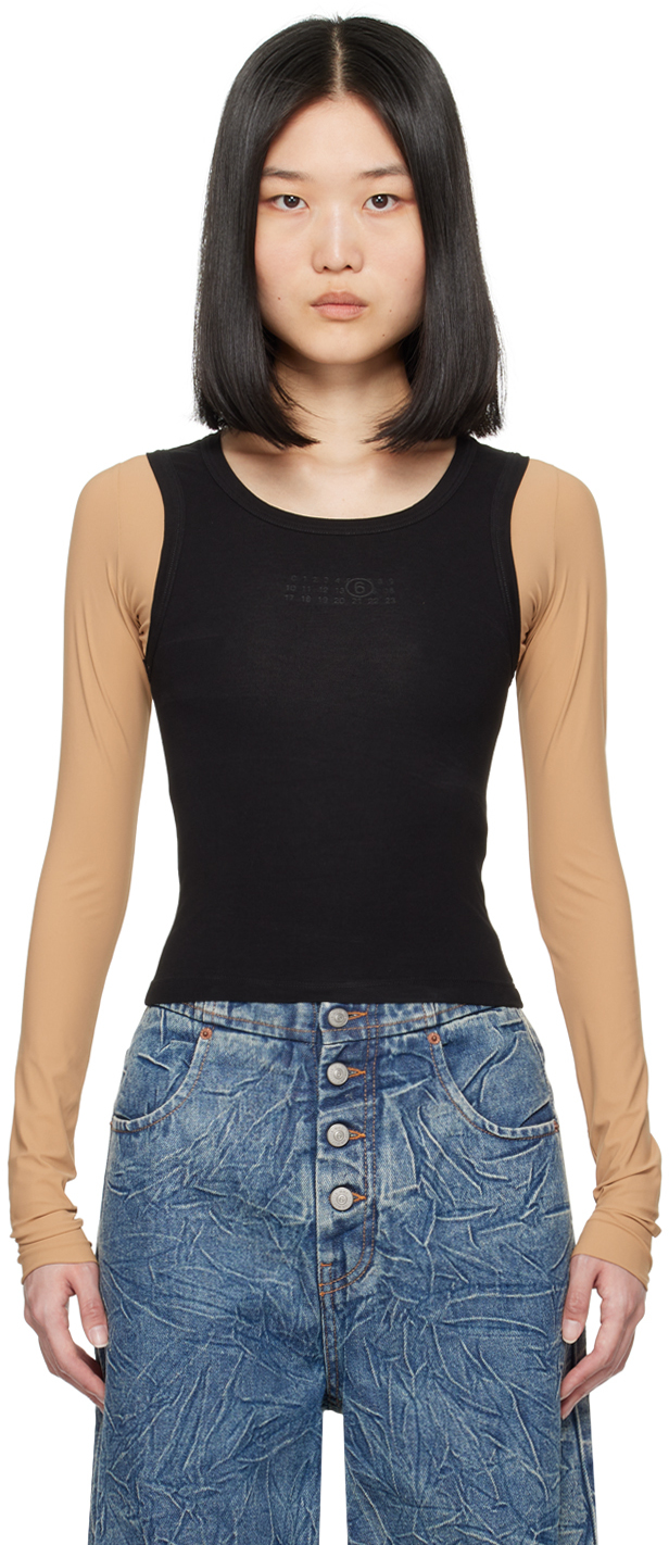 MM6 Maison Margiela ロンT / ブラック×ベージュ MM6 Maison Margielaのブラック＆ベージュ パネル 長袖Tシャツが