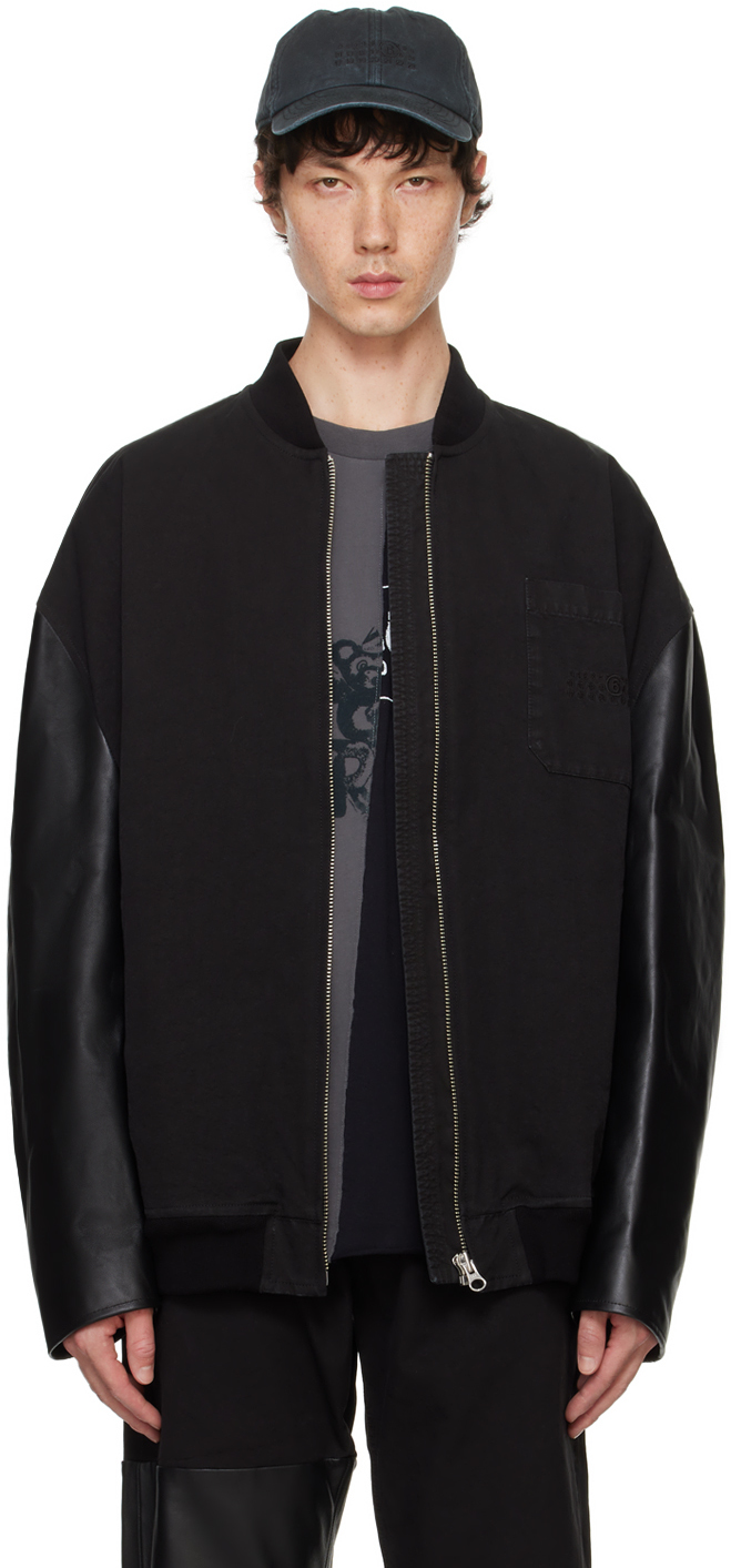 MM6 Maison Margiela Black Canvas Leather Bomber Jacket SSENSE UK