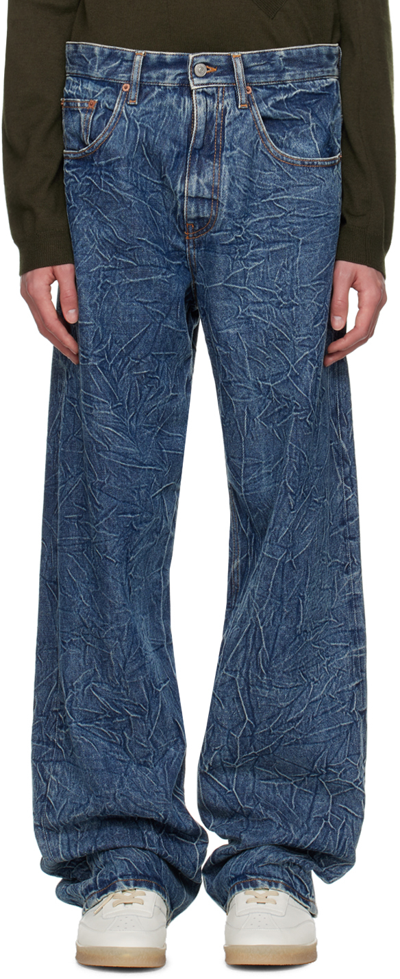 MM6 Maison Margiela: Blue Crinkled Jeans | SSENSE