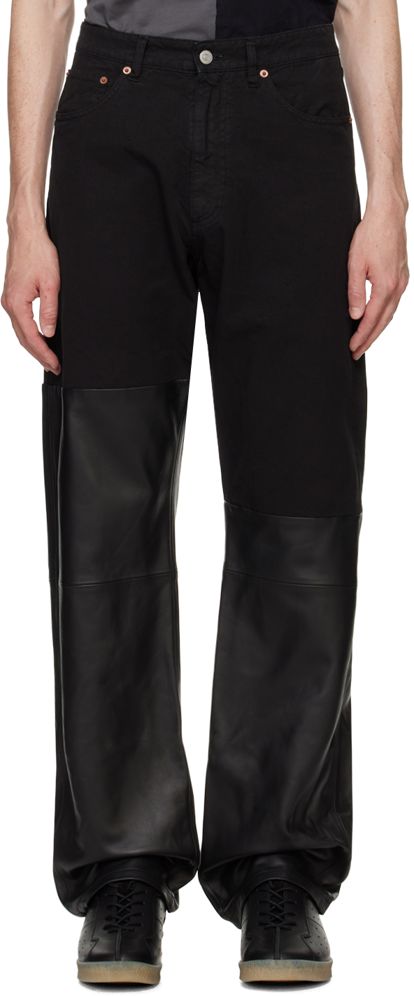 Black Paneled Leather Jeans