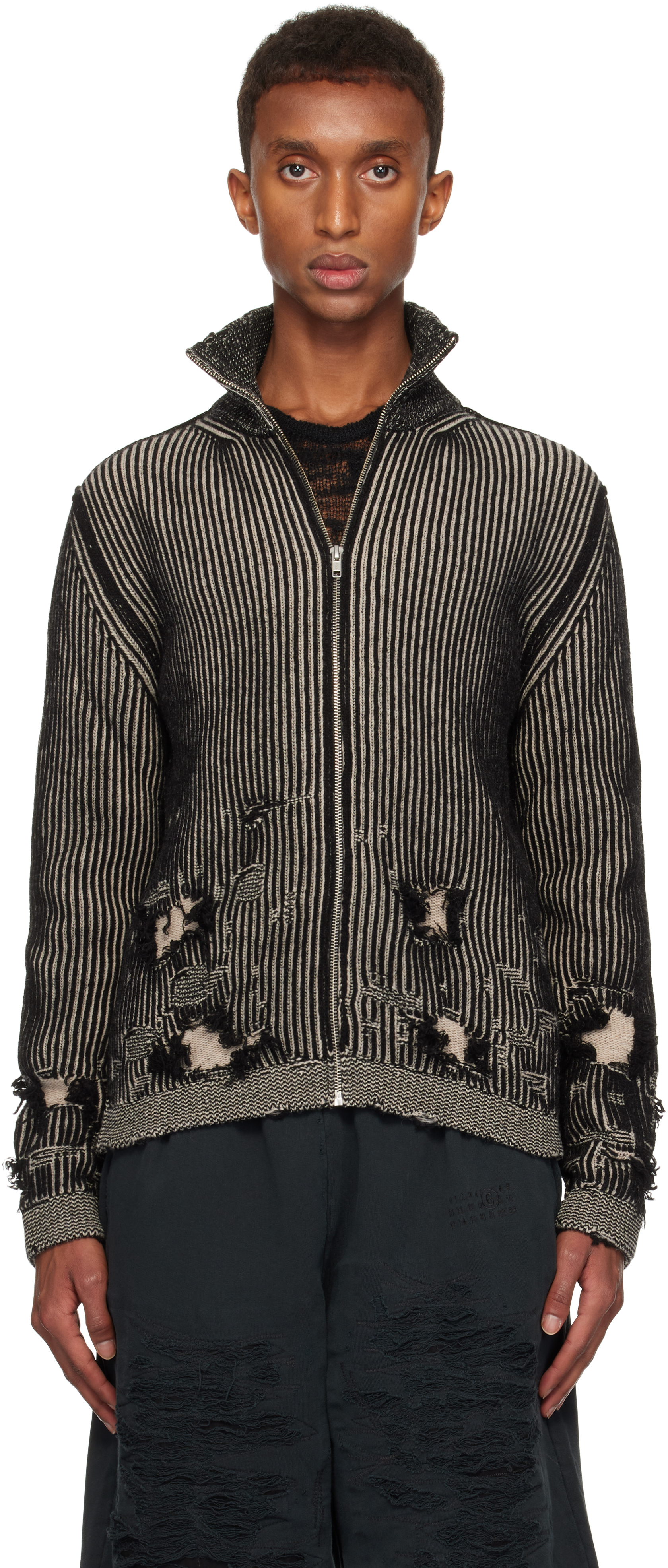 Shop Mm6 Maison Margiela Black & Beige Ribbed Wool Cardigan In 961 Black/beige