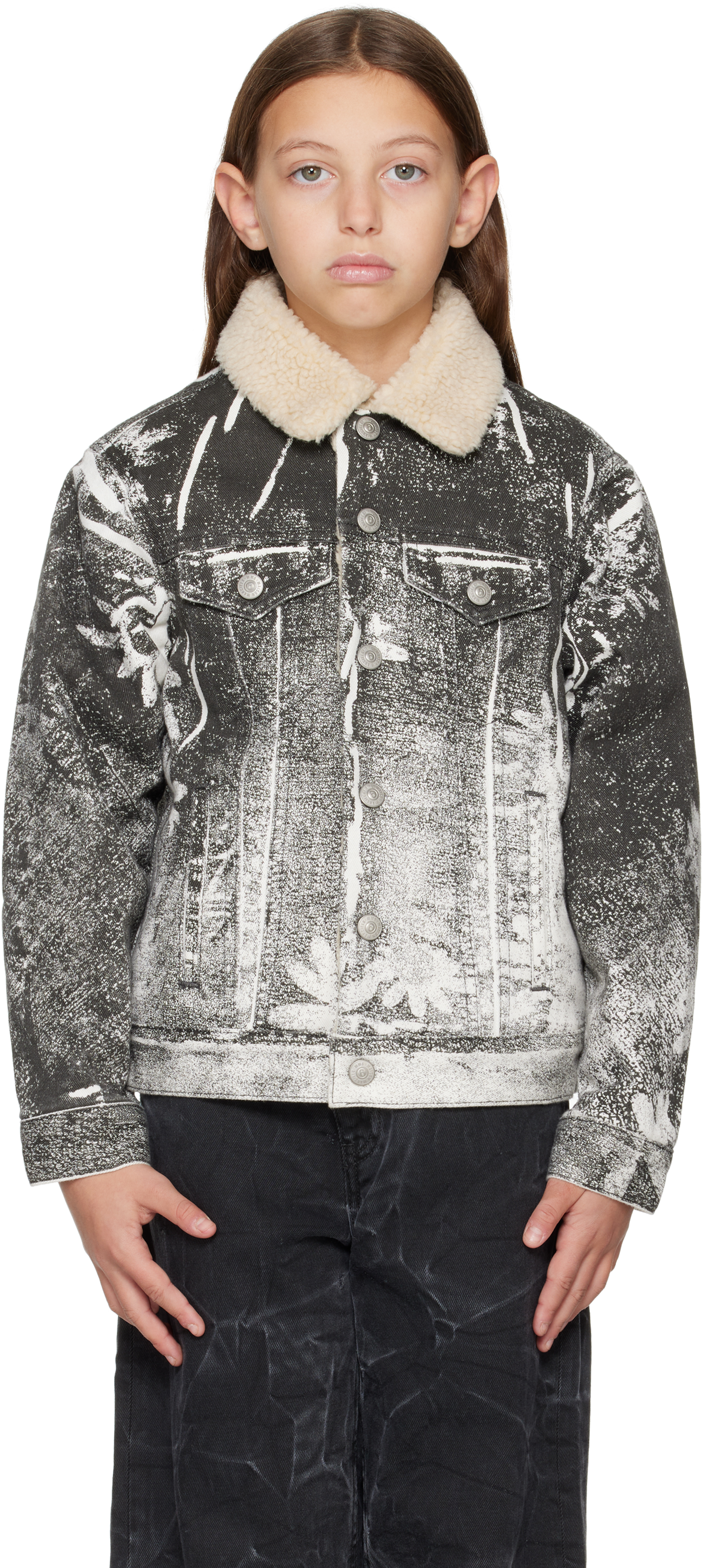 Shop Mm6 Maison Margiela Kids Black & White Printed Denim Jacket In M6101