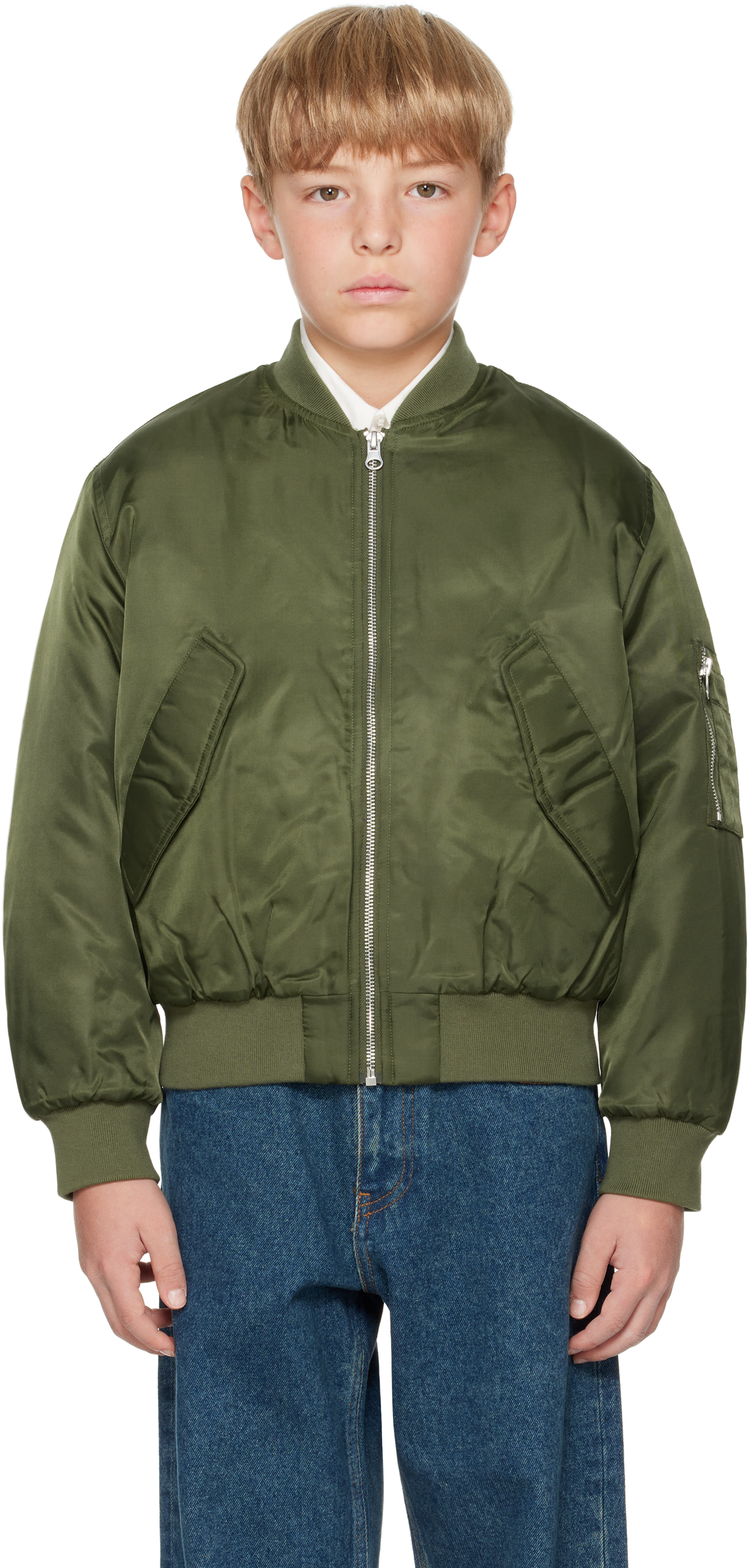 Shop Mm6 Maison Margiela Kids Green Nylon Bomber Jacket In M6512