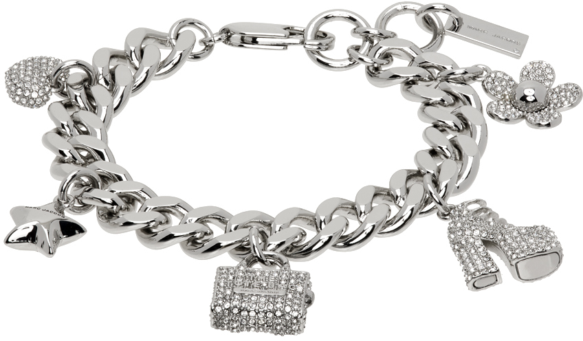 Shop Marc Jacobs シルバー The Pavé Mini Icon Charm ブレスレット In 059 Silver/crystal