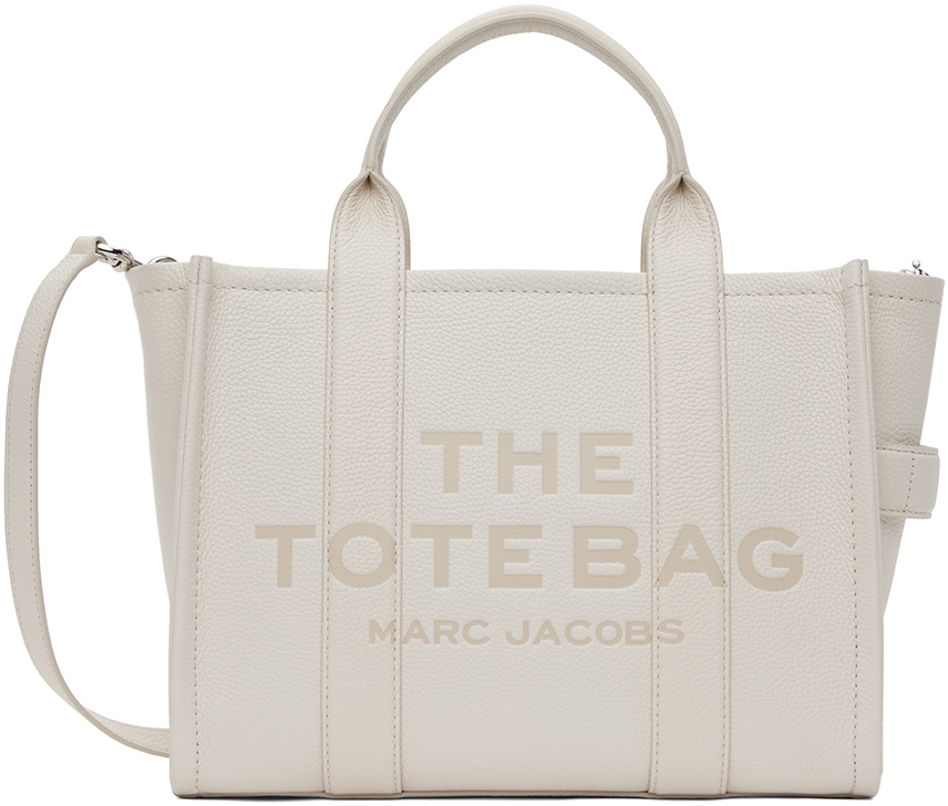 Shop Marc Jacobs Off-white 'the Leather Medium' Tote In 140 Cotton/silver