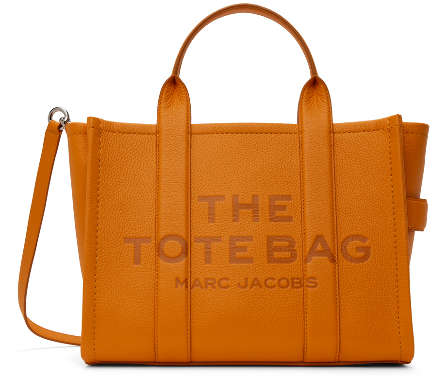 Shop Marc Jacobs Orange 'the Leather Medium' Tote In 818 Tangerine