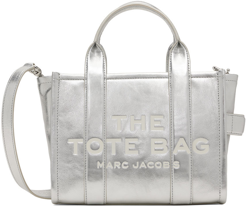 Shop Marc Jacobs シルバー The Metallic Leather Small トートバッグ In 039 Metallic Silver